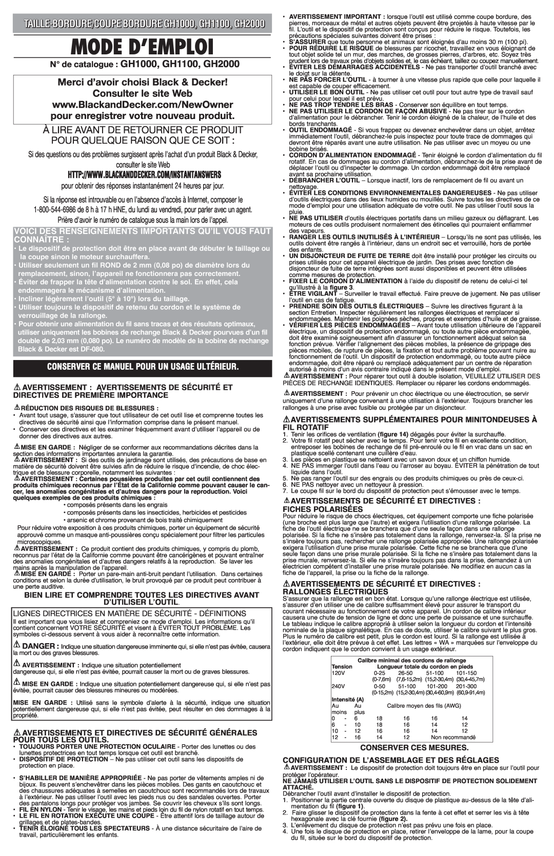 Black & Decker instruction manual Mode D’Emploi, N de catalogue GH1000, GH1100, GH2000, Connaître 