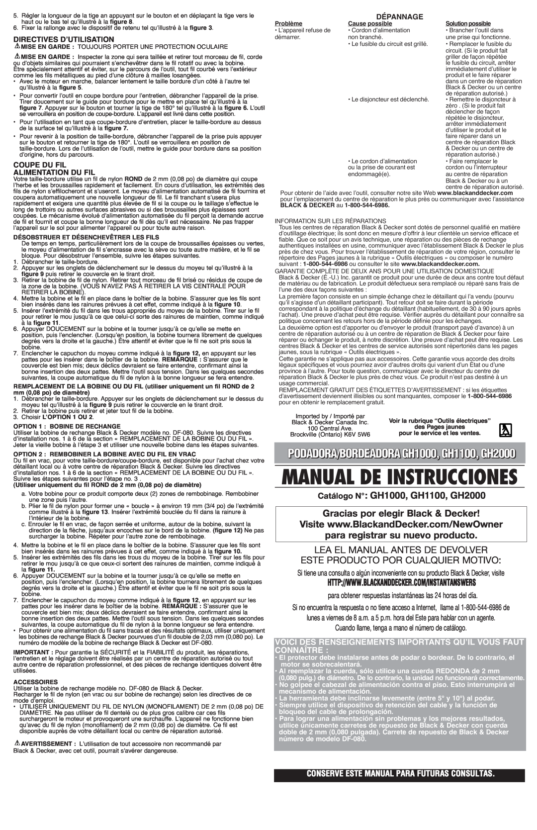 Black & Decker Manual De Instrucciones, Catálogo N GH1000, GH1100, GH2000, Gracias por elegir Black & Decker, Connaître 