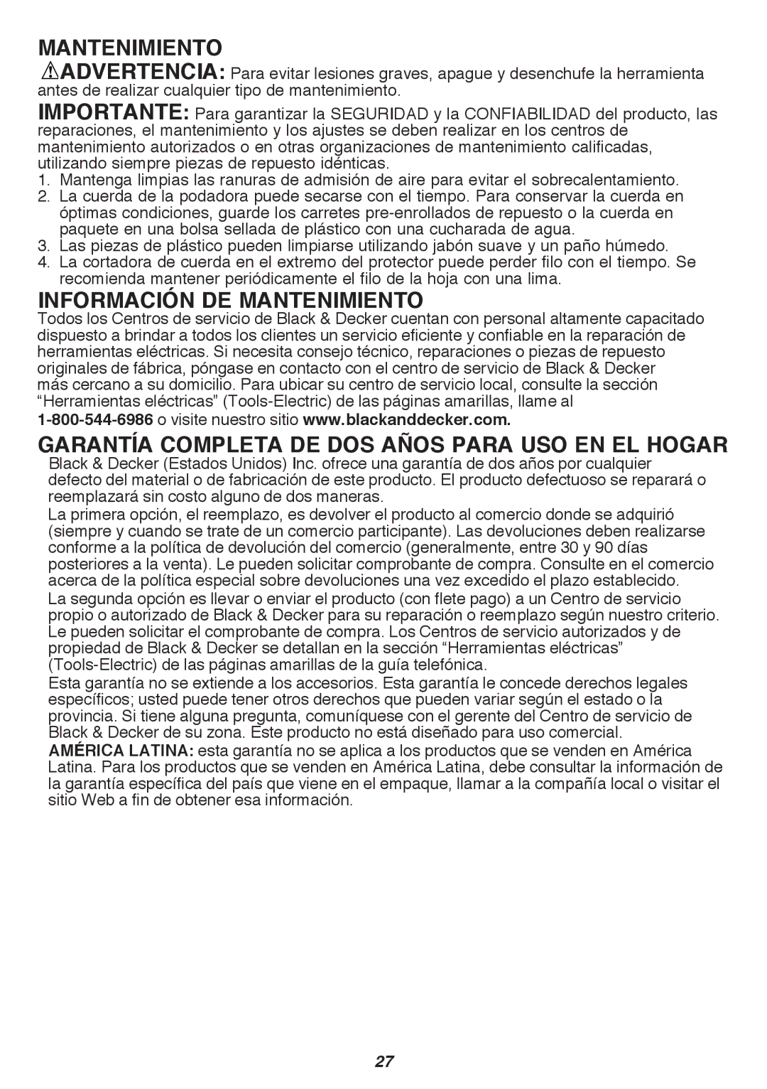 Black & Decker GH3000 instruction manual Mantenimiento 