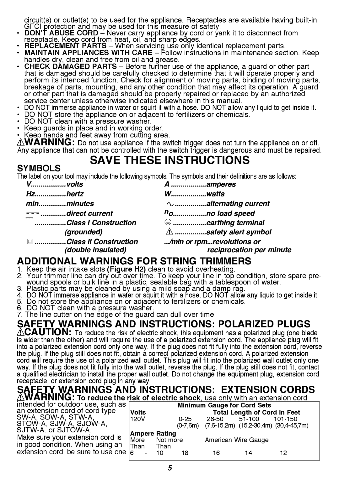 Black & Decker GH3000 Additional Warnings for String Trimmers, Safety Warnings and Instructions Polarized Plugs 