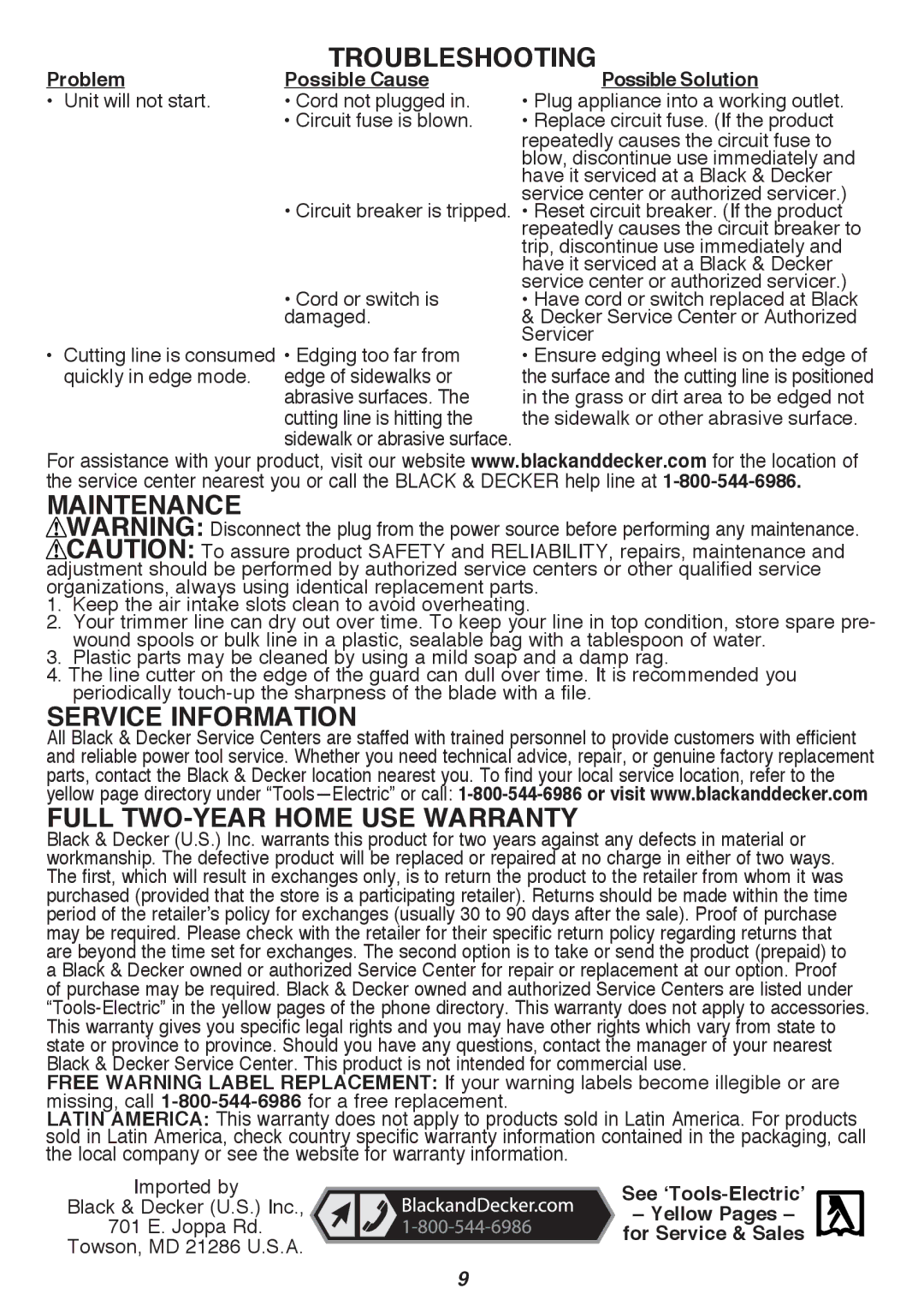 Black & Decker GH3000 instruction manual Troubleshooting, Maintenance, Service Information Full Two-Year Home Use Warranty 