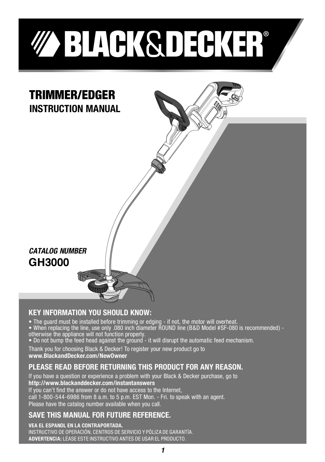 Black & Decker GH3000 instruction manual Trimmer/Edger, Catalog Number, Key Information You Should Know 