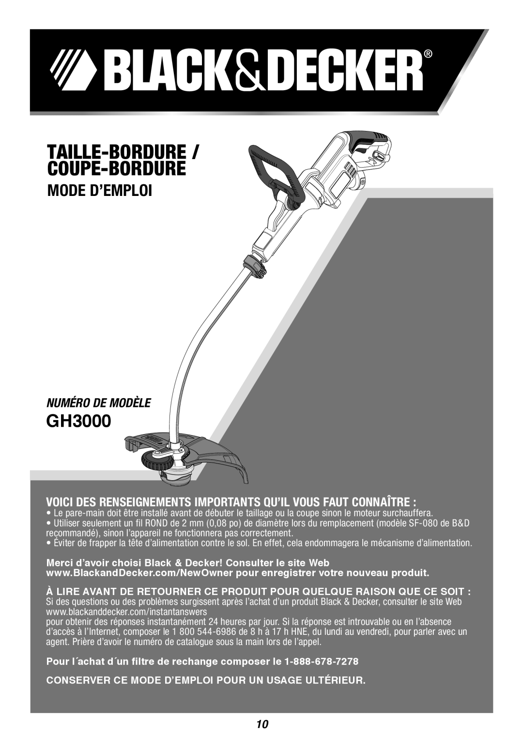 Black & Decker GH3000 instruction manual Taille-Bordure Coupe-Bordure, Mode D’Emploi, Numéro de modèle 