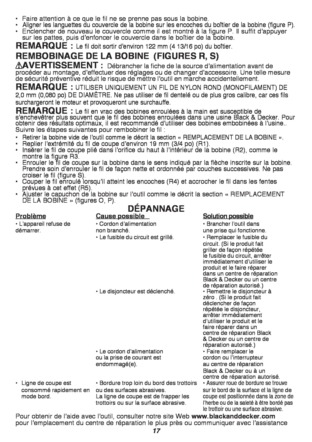 Black & Decker GH3000 REMBOBINAGE DE LA BOBINE figures R, S, Dépannage, Problème, Solution possible, Cause possible 