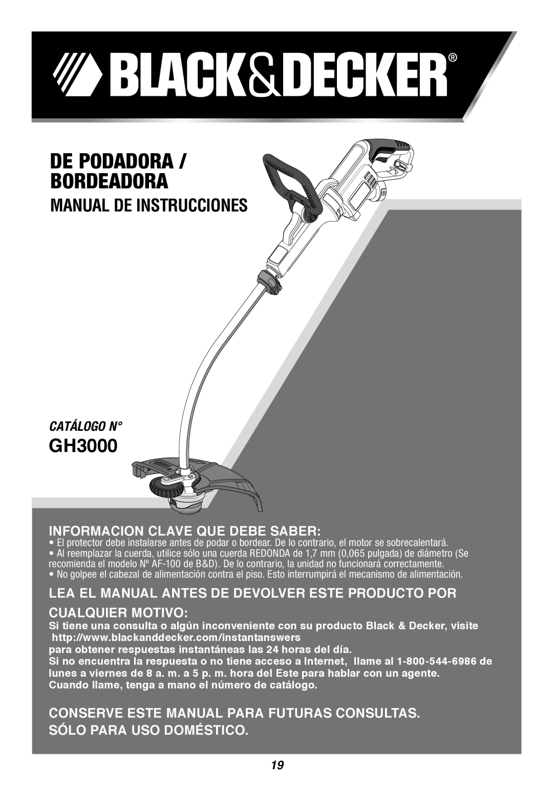 Black & Decker GH3000 De Podadora Bordeadora, Manual De Instrucciones, Catálogo N, Informacion Clave Que Debe Saber 
