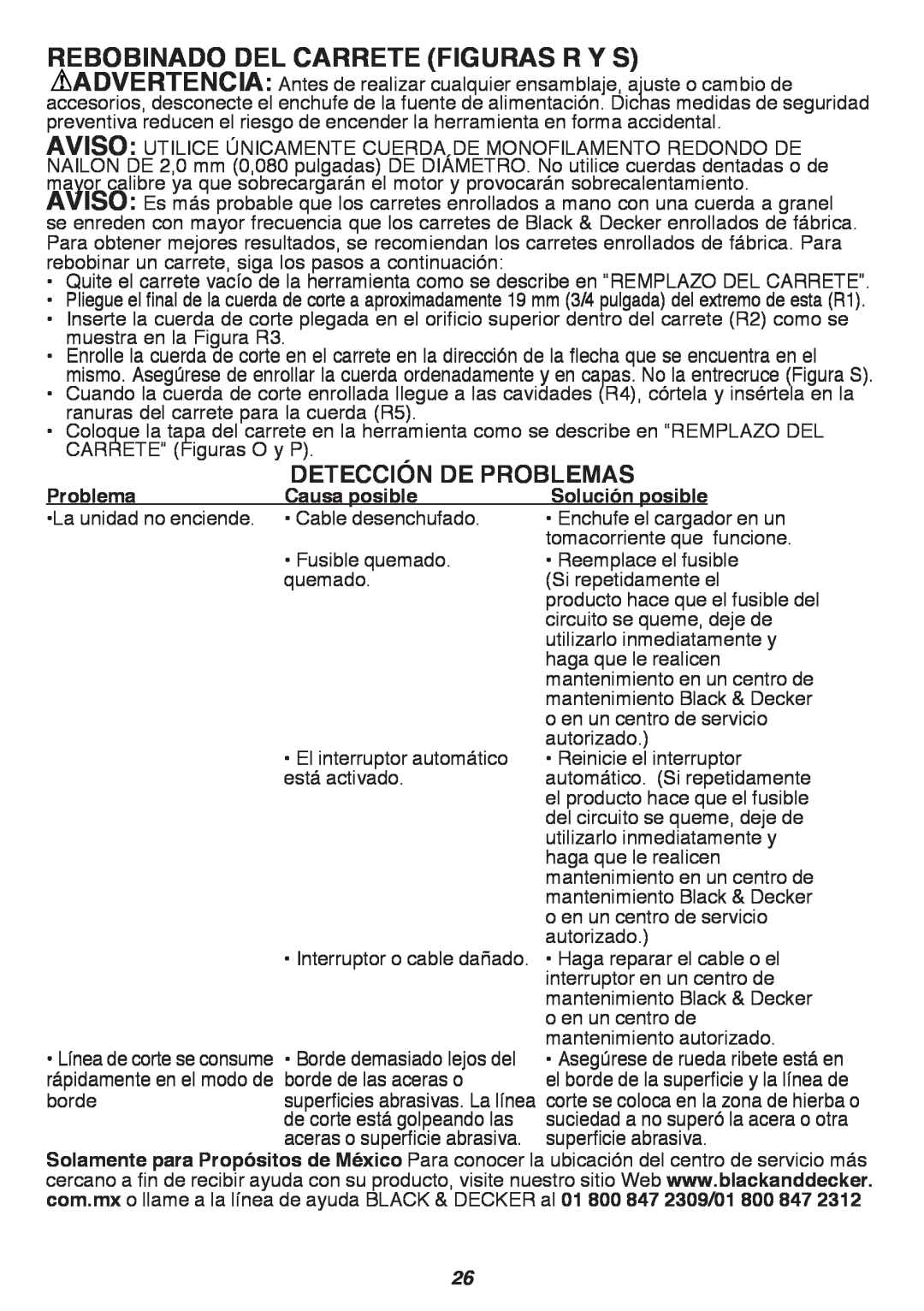 Black & Decker GH3000 instruction manual REBOBINADO DEL CARRETE figurAs R Y S, Detección de problemas 