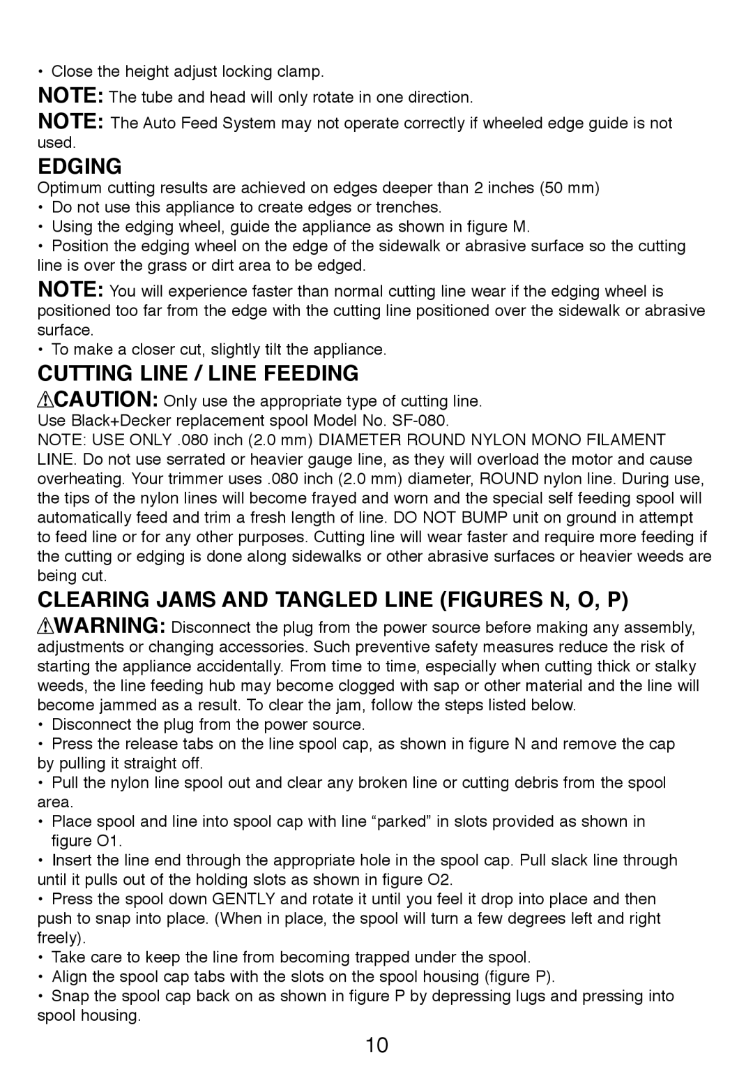 Black & Decker GH3000R Edging, Cutting Line / Line Feeding, Clearing Jams and Tangled Line figures N, O, P 