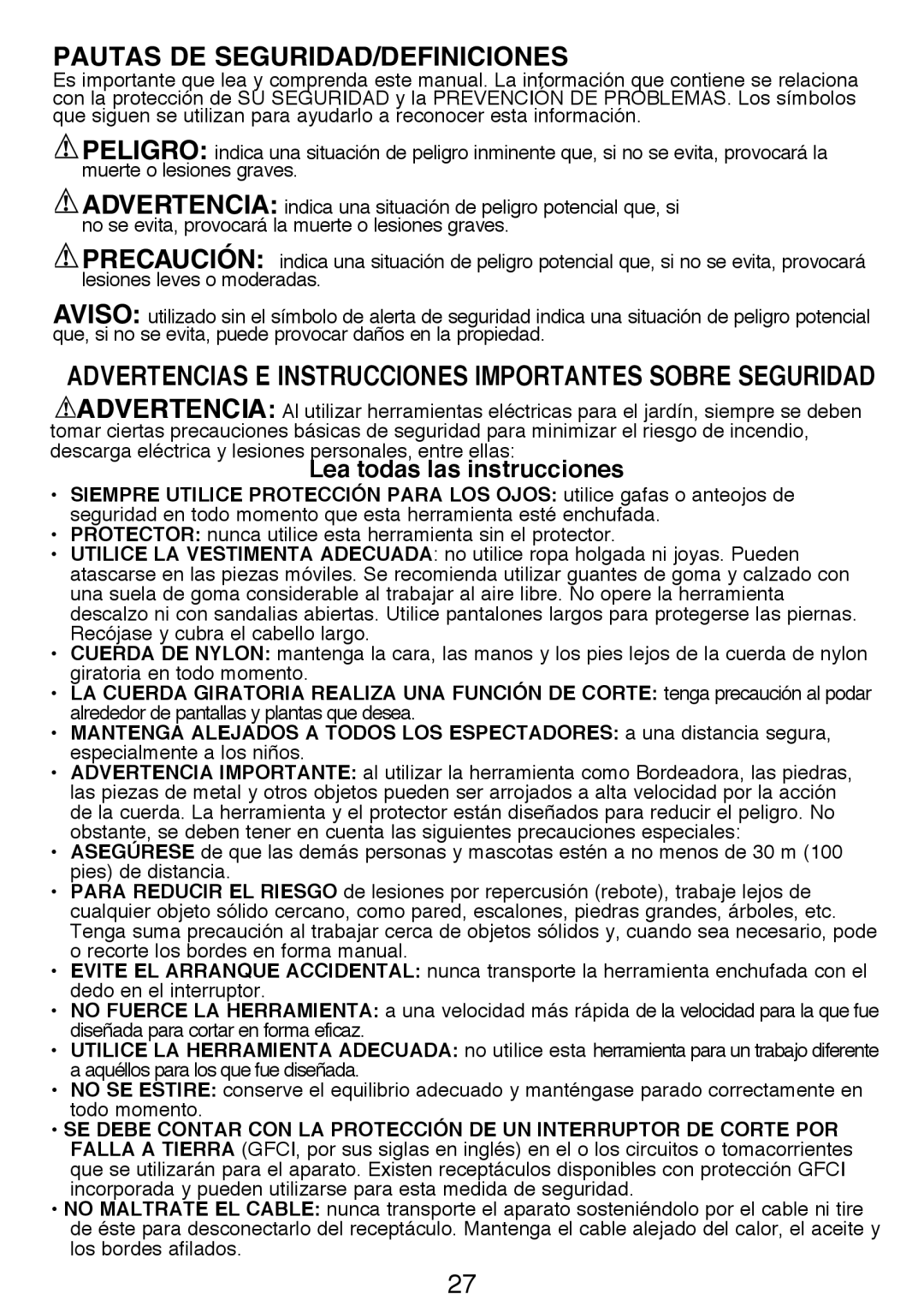 Black & Decker GH3000R instruction manual Pautas DE SEGURIDAD/DEFINICIONES, Lea todas las instrucciones 