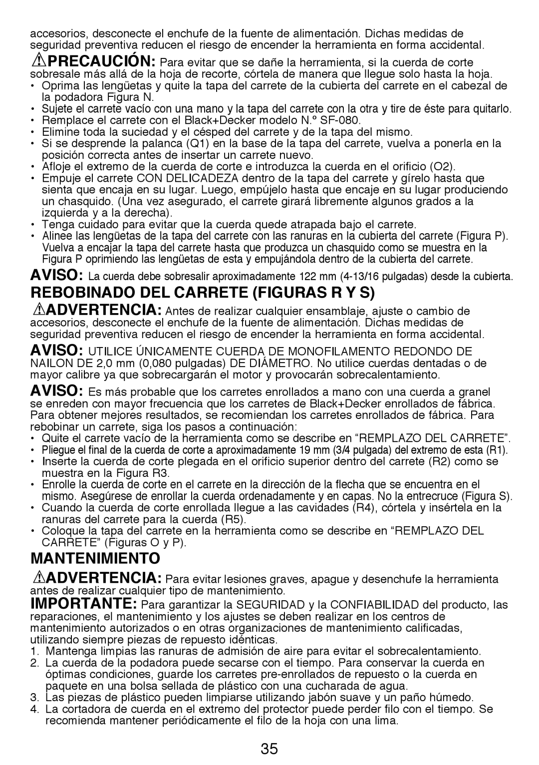 Black & Decker GH3000R instruction manual Rebobinado DEL Carrete figurAs R Y S, Mantenimiento 