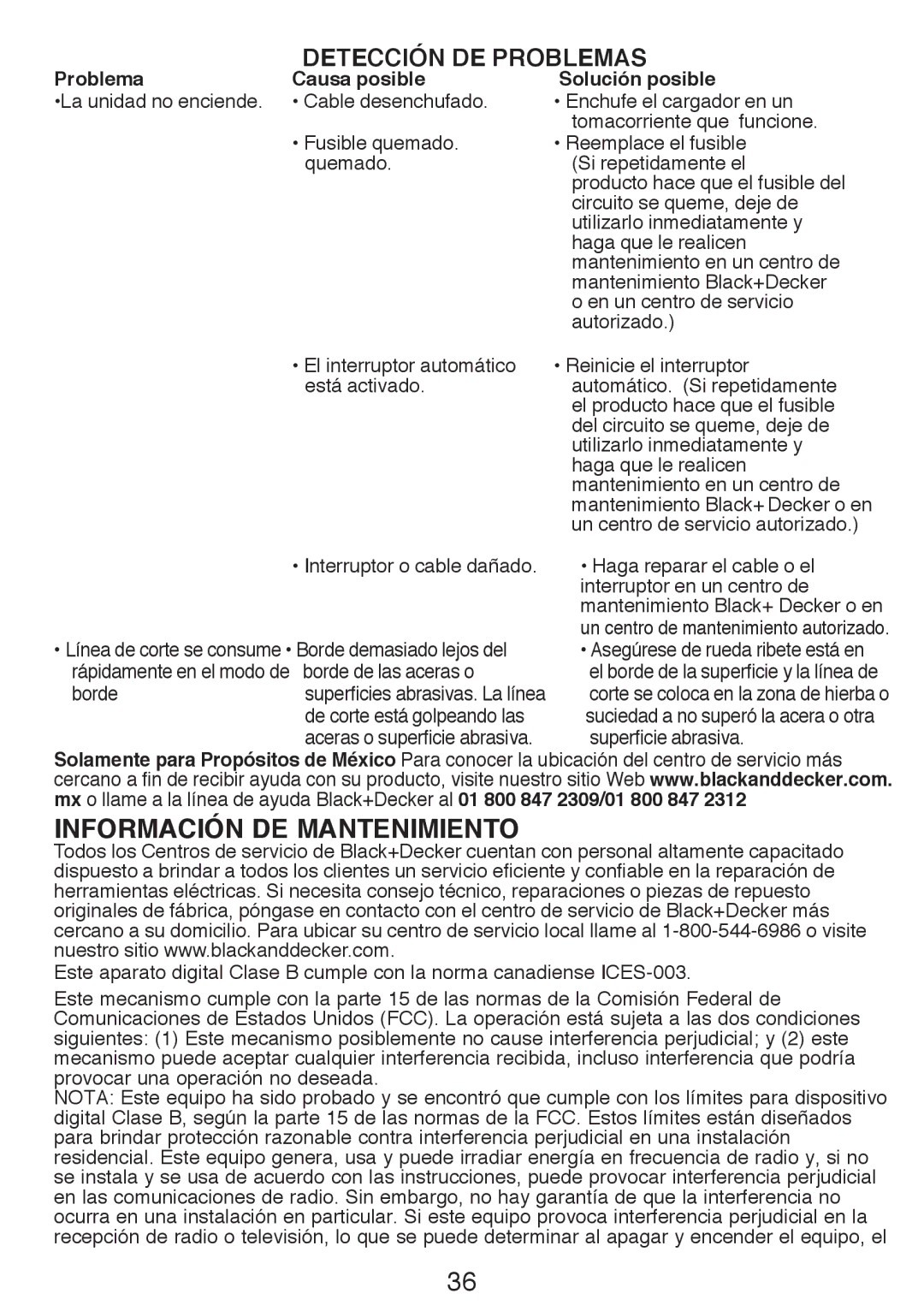 Black & Decker GH3000R instruction manual Información de mantenimiento, Detección de problemas 