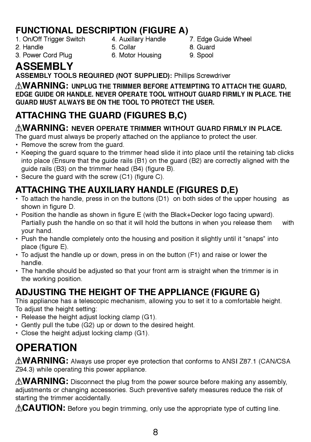 Black & Decker GH3000R instruction manual Functional Description Figure a, Attaching the guard Figures B,C 