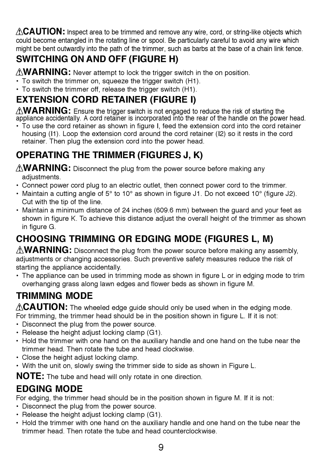 Black & Decker GH3000R Switching on and off Figure h, Extension Cord Retainer figure, Operating the trimmer figureS j, K 