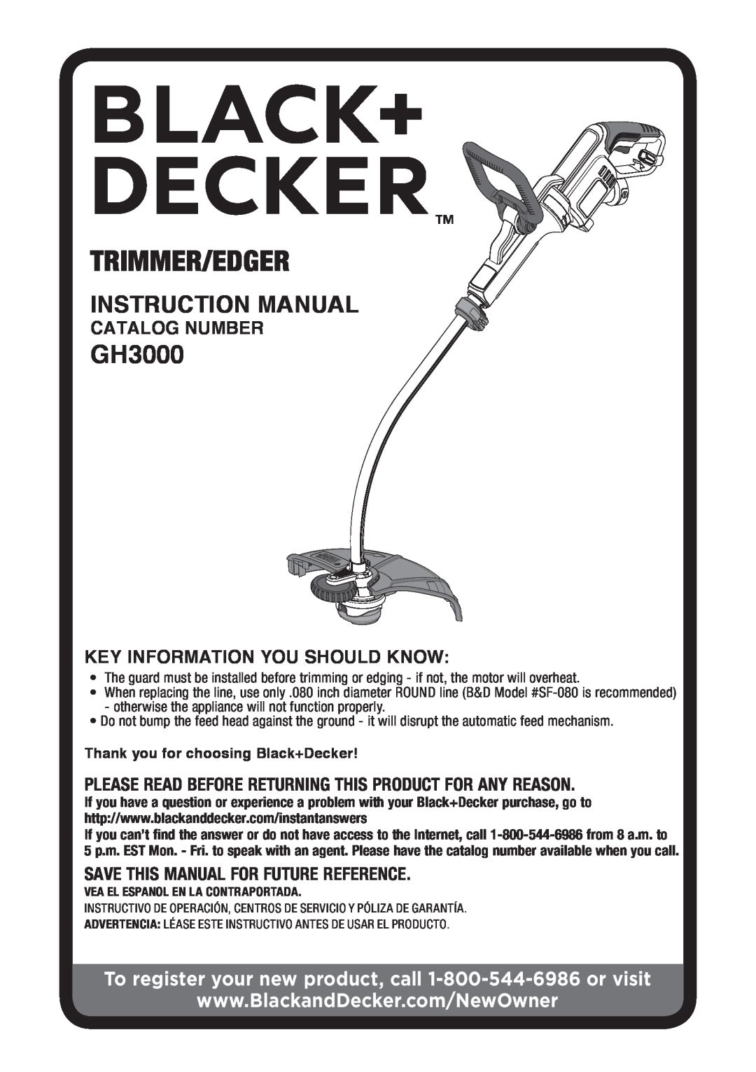 Black & Decker GH3000R instruction manual Trimmer/Edger, Instruction Manual, Catalog Number 
