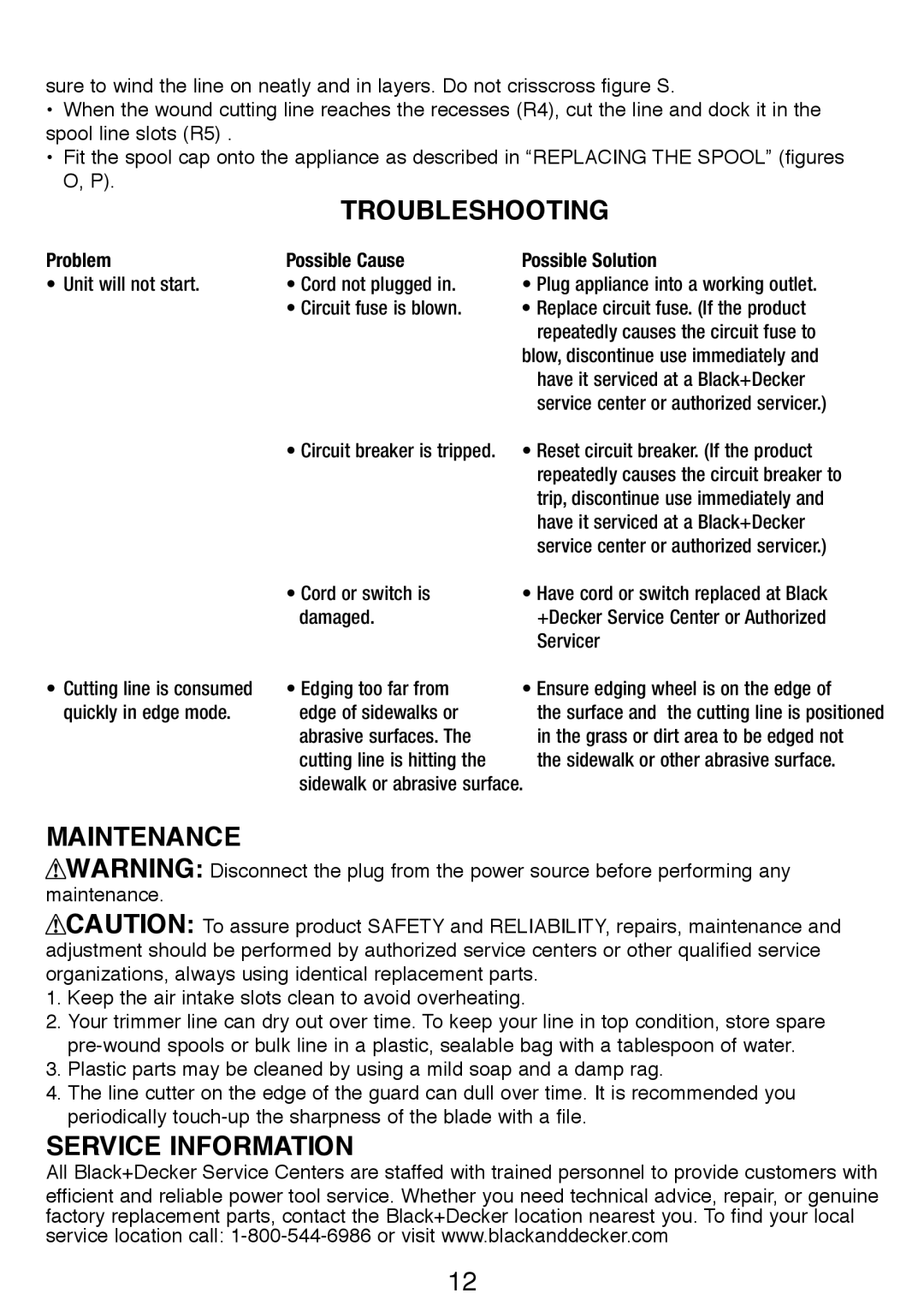 Black & Decker GH3000R instruction manual Troubleshooting, Maintenance, Service Information 