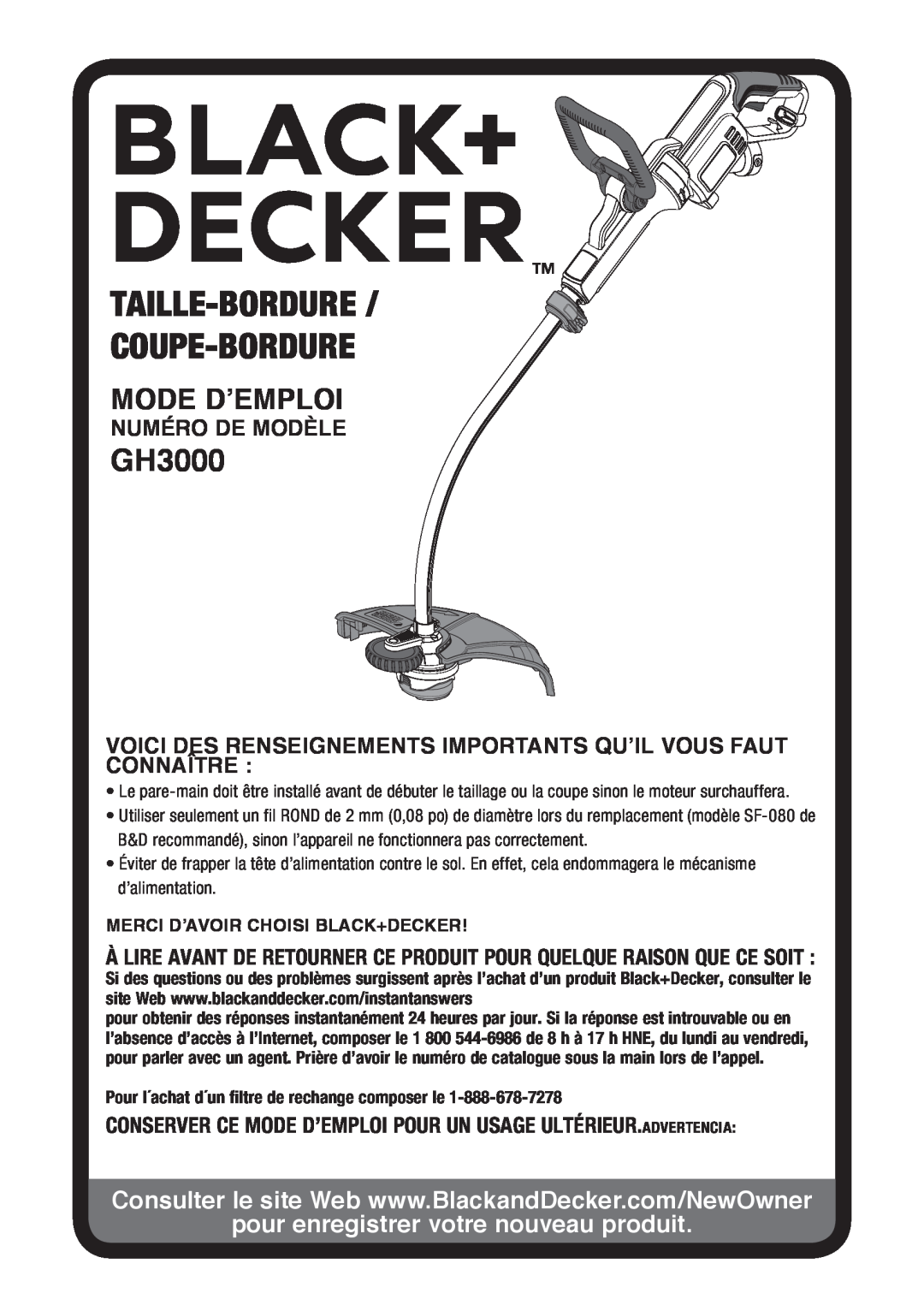 Black & Decker GH3000R Taille-Bordure Coupe-Bordure, Mode D’Emploi, pour enregistrer votre nouveau produit 
