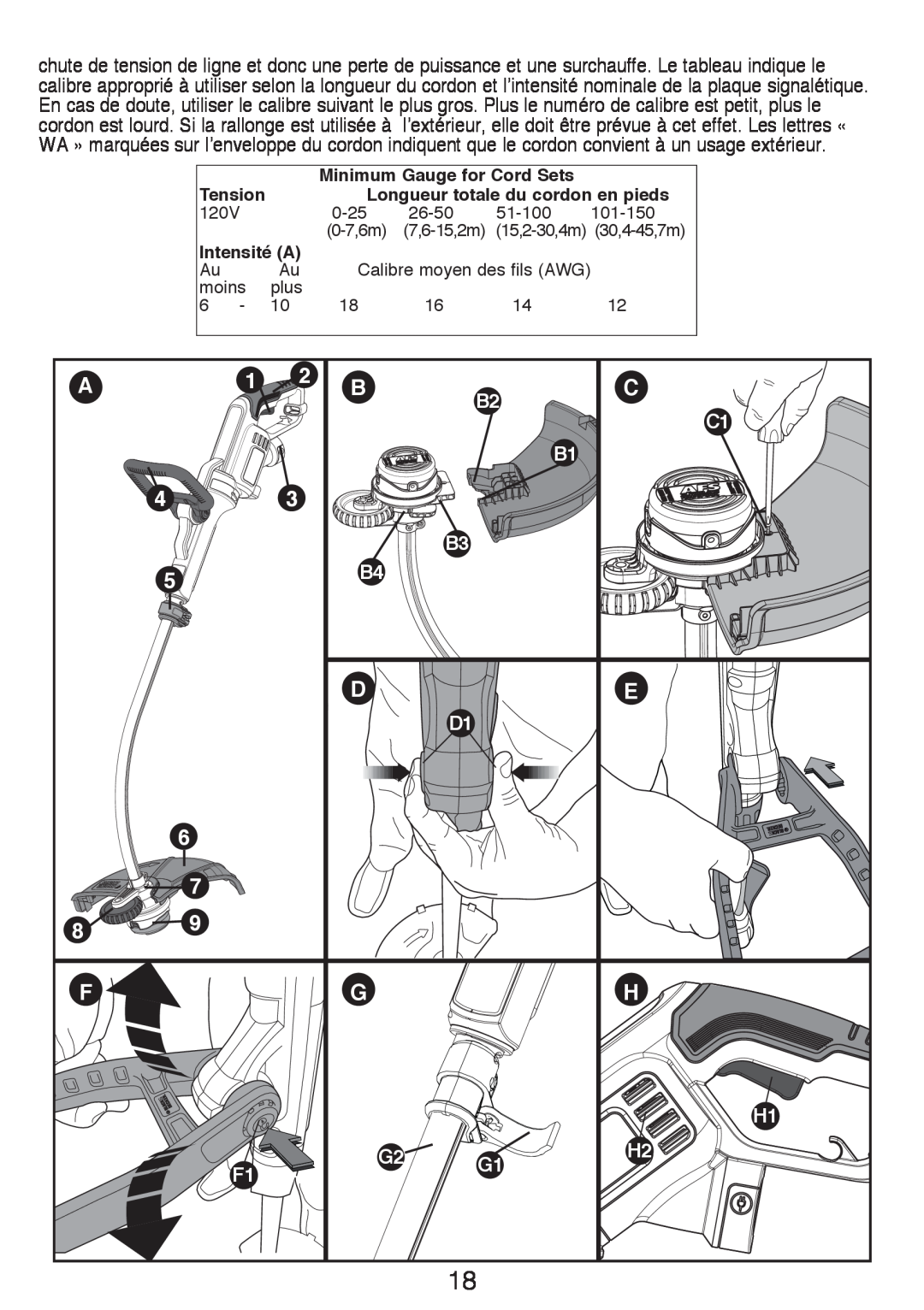Black & Decker GH3000R instruction manual Longueur totale du cordon en pieds, Intensité A 