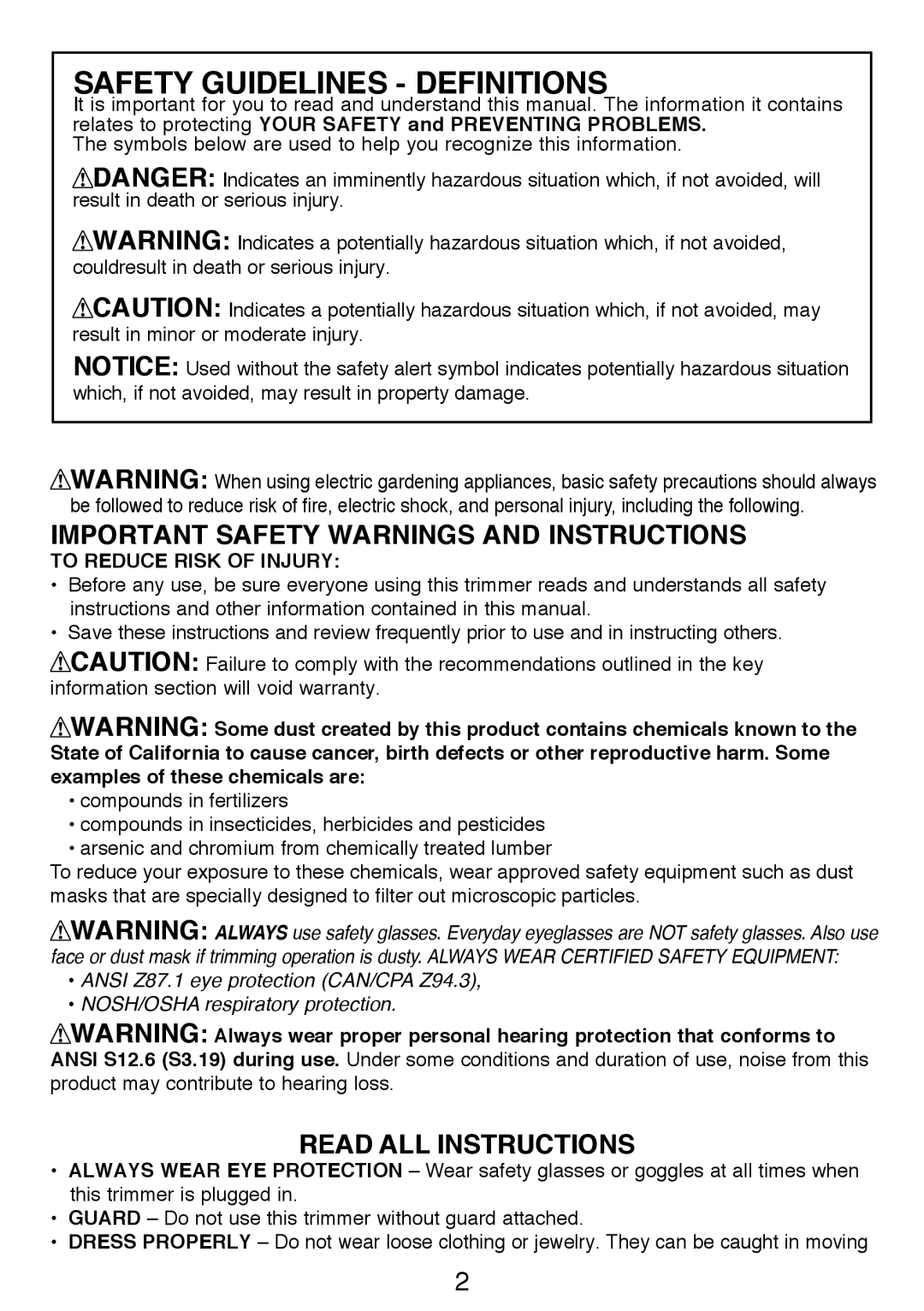 Black & Decker GH3000R Safety Guidelines - Definitions, Important Safety Warnings And Instructions, Read All Instructions 
