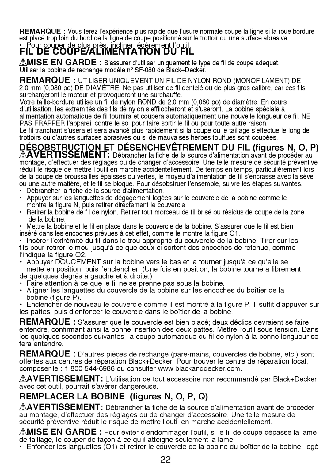 Black & Decker GH3000R instruction manual Fil De Coupe/Alimentation Du Fil, REMPLACER LA BOBINE figures N, O, P, Q 