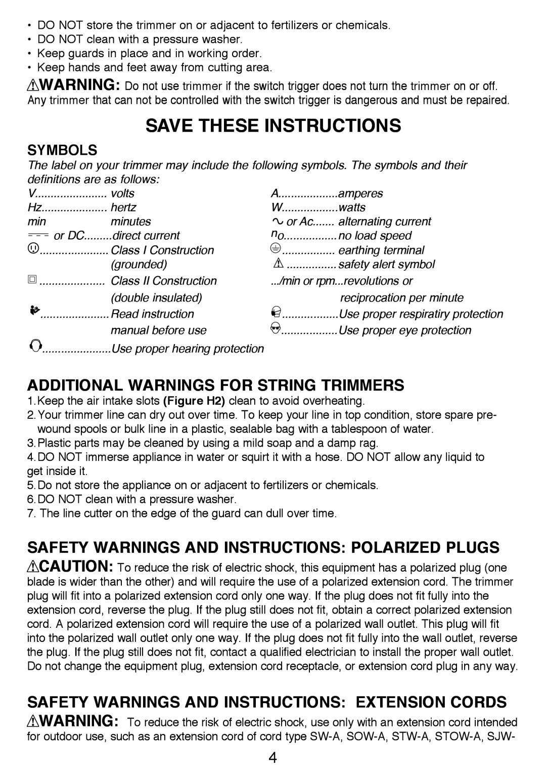 Black & Decker GH3000R instruction manual Save These Instructions, Additional Warnings For String Trimmers, Symbols 