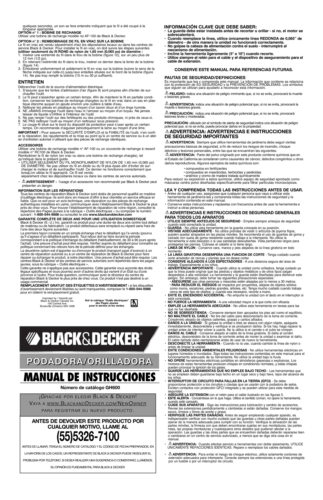 Black & Decker GH600 Entretien, Información Clave QUE Debe Saber, LEA Y Comprenda Todas LAS Instrucciones Antes DE Usar 