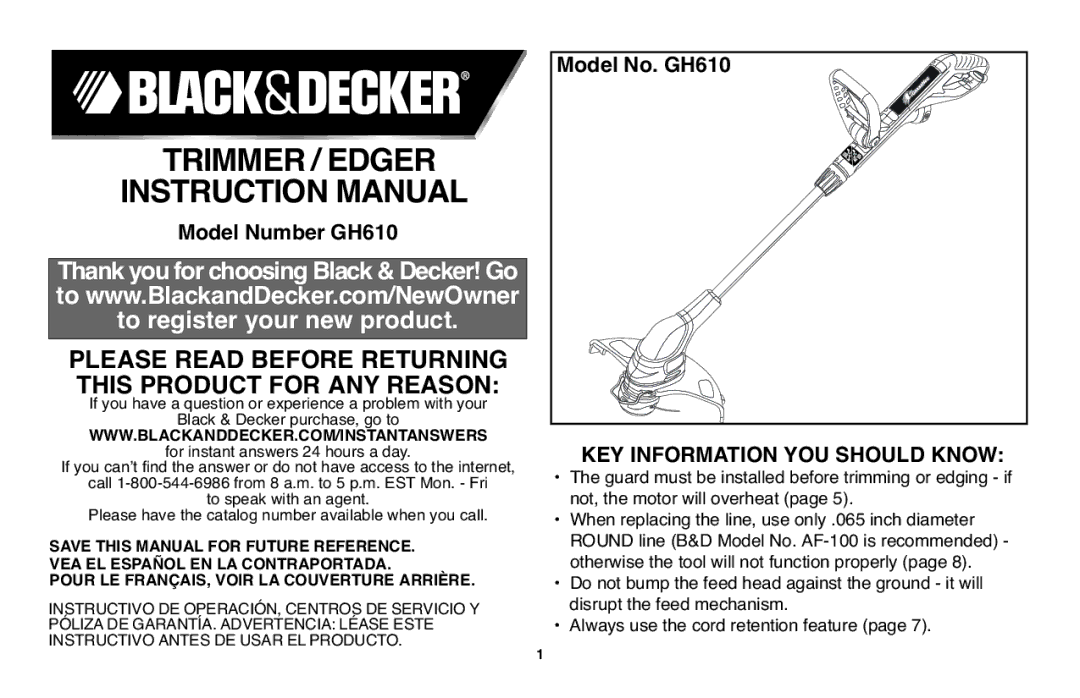 Black & Decker GH610 instruction manual Trimmer / Edger 