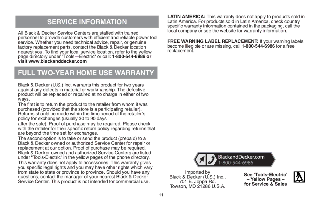 Black & Decker GH610 Service Information Full TWO-YEAR Home USE Warranty, See ʻTools-Electricʼ, Black & Decker U.S. Inc 