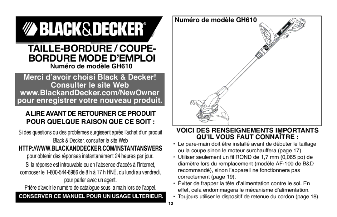 Black & Decker GH610 instruction manual Taille-Bordure / Coupe- Borduremoded’Emploi 