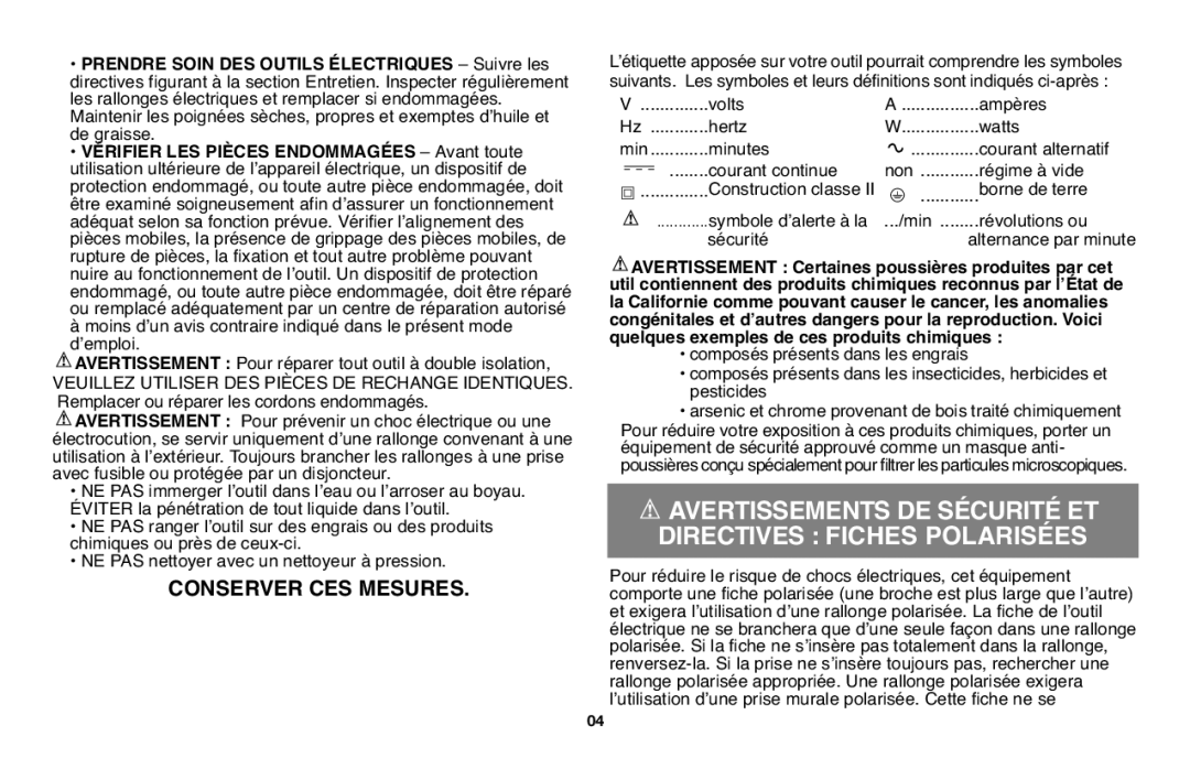 Black & Decker GH610 instruction manual Avertissements DE Sécurité ET Directives Fiches Polarisées, Conserver CES Mesures 