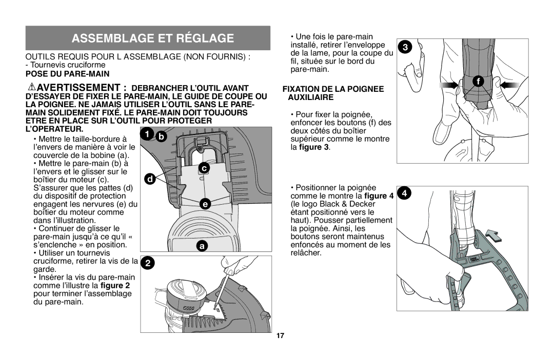 Black & Decker GH610 instruction manual Assemblage ET Réglage, Pose DU PARE-MAIN, Fixation DE LA Poignee, Auxiliaire 