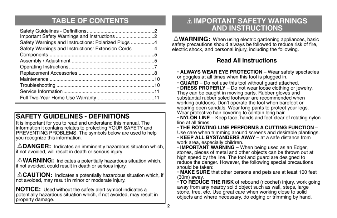 Black & Decker GH610 instruction manual Table of Contents, Instructions 