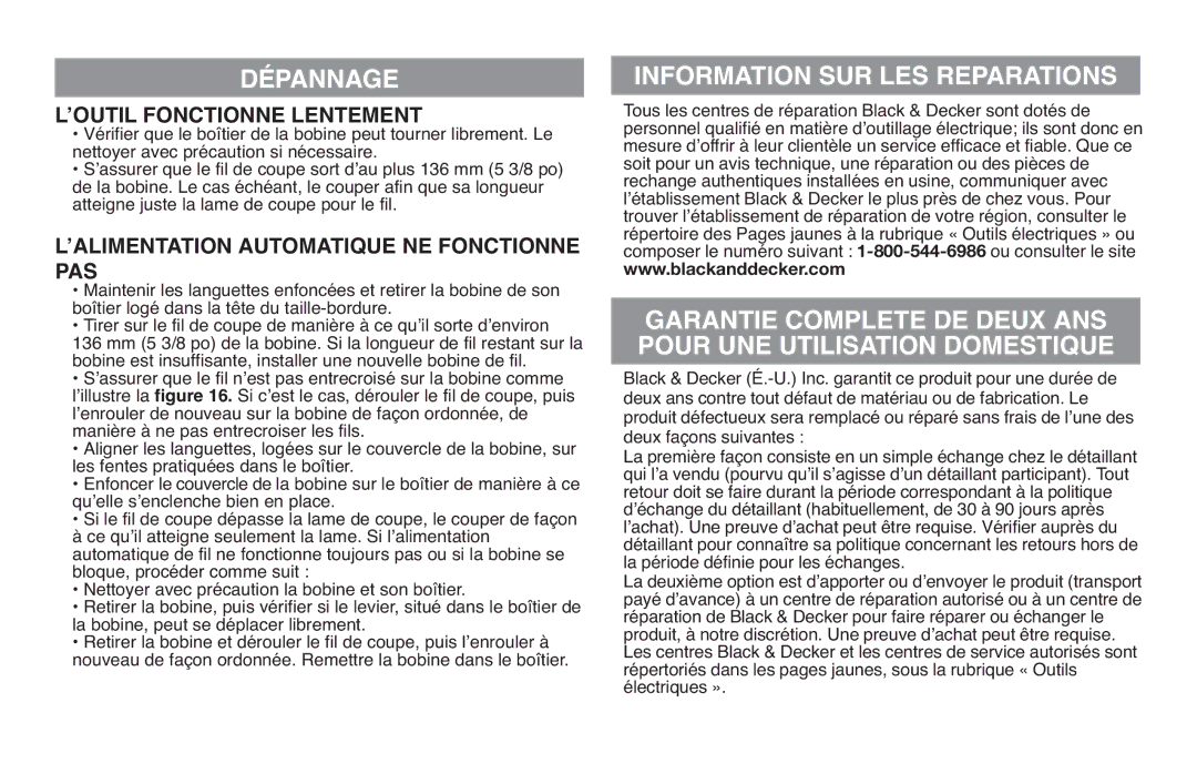 Black & Decker GH610 instruction manual LʼOUTIL Fonctionne Lentement 