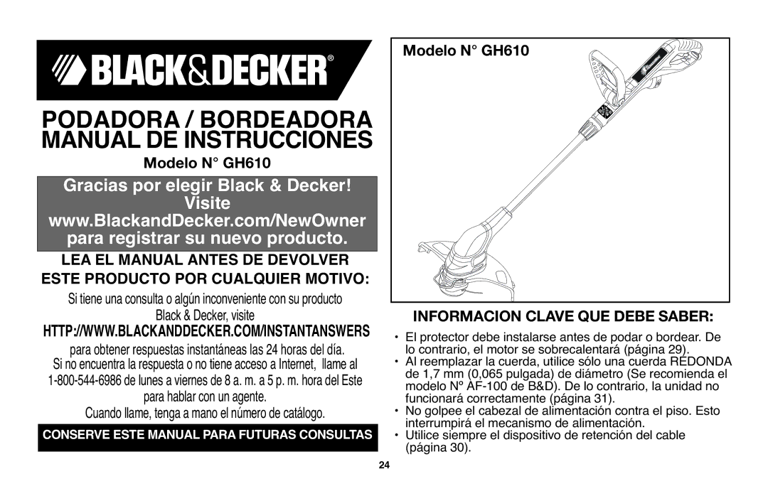 Black & Decker GH610 instruction manual Podadora / Bordeadora Manual DE Instrucciones 