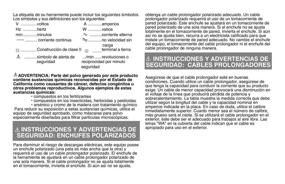 Black & Decker GH610 Instrucciones Y Advertencias DE, Seguridad Cables Prolongadores, Seguridad Enchufes Polarizados 