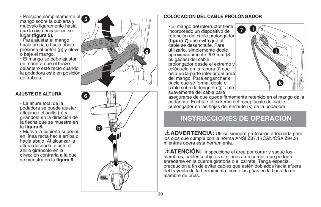 Black & Decker GH610 instruction manual Instrucciones DE Operación, Ajuste DE Altura, Colocacion DEL Cable Prolongador 