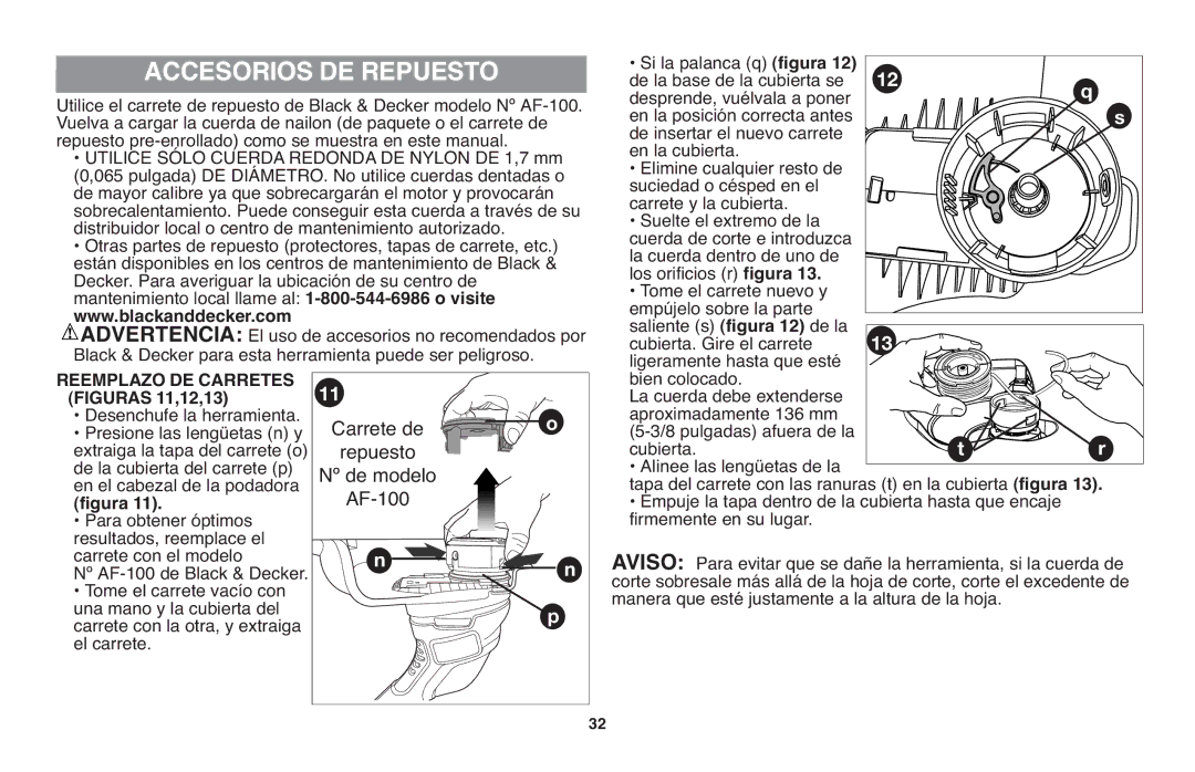 Black & Decker GH610 instruction manual Accesorios DE Repuesto, Reemplazo DE Carretes 