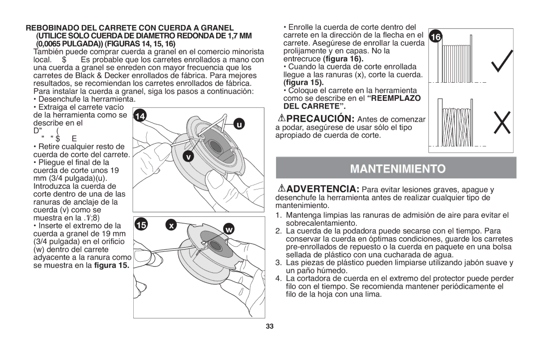 Black & Decker GH610 instruction manual Mantenimiento, Rebobinado DEL Carrete CON Cuerda a Granel, Reemplazo DEL Carrete 