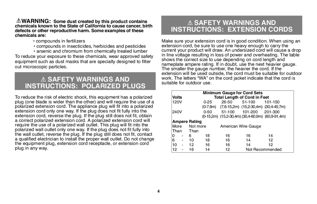 Black & Decker GH610 Safety Warnings Instructions Polarized Plugs, Safety Warnings Instructions Extension Cords 