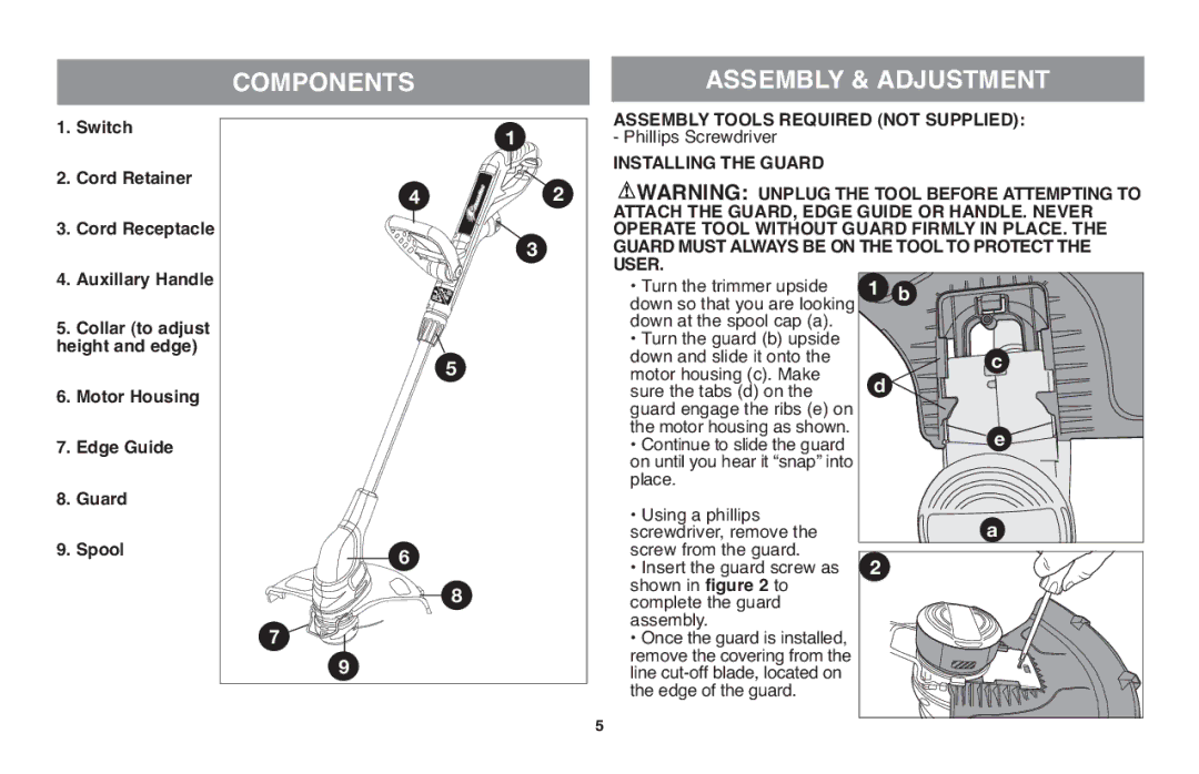 Black & Decker GH610 instruction manual Components Assembly & Adjustment, Assembly Tools Required not Supplied 