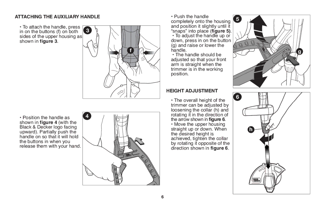 Black & Decker GH610 instruction manual Attaching the Auxiliary Handle, Height Adjustment 