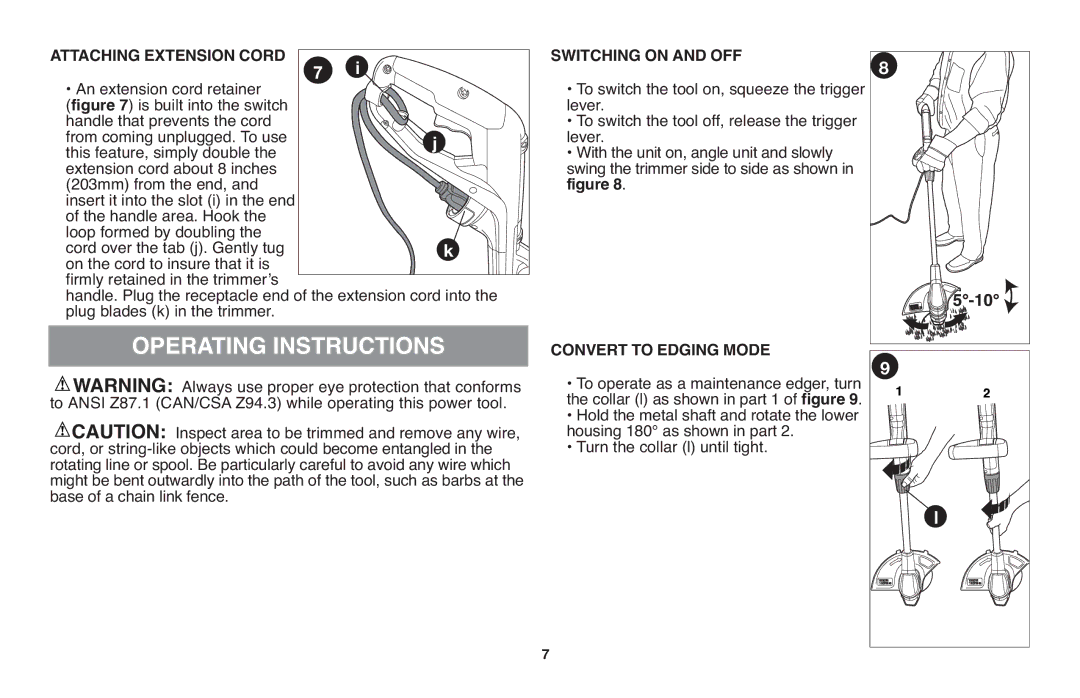 Black & Decker GH610 Operating Instructions, Attaching Extension Cord, Switching on and OFF, Convert to Edging Mode 