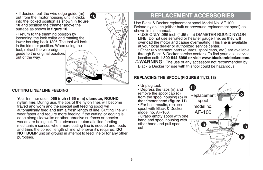 Black & Decker GH610 instruction manual Replacement Accessories, Replacing the Spool Figures 11,12,13 