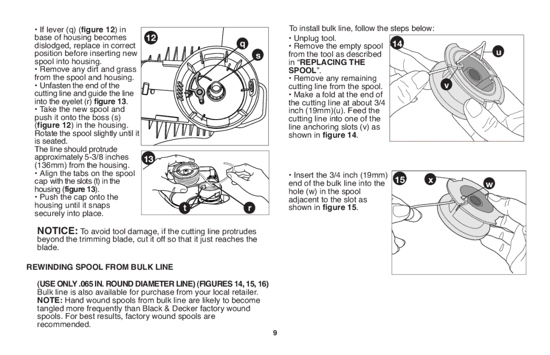 Black & Decker GH610 instruction manual Replacing, Rewinding Spool from Bulk Line 