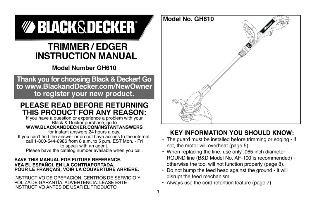 Black & Decker instruction manual Model Number GH610, Model No. GH610 KEY INFORMATION YOU SHOULD KNOW, Trimmer / Edger 