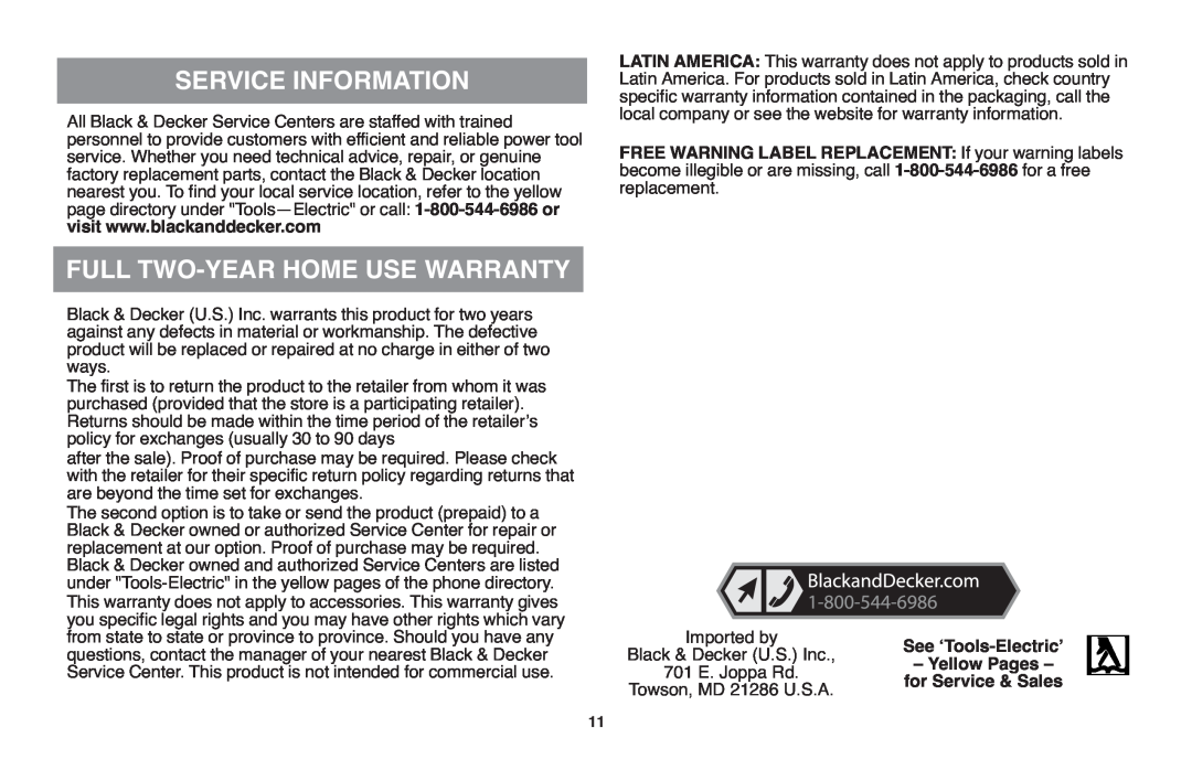Black & Decker GH610 Service Information, Full Two-Year Home Use Warranty, See ʻTools-Electricʼ, Black & Decker U.S. Inc 