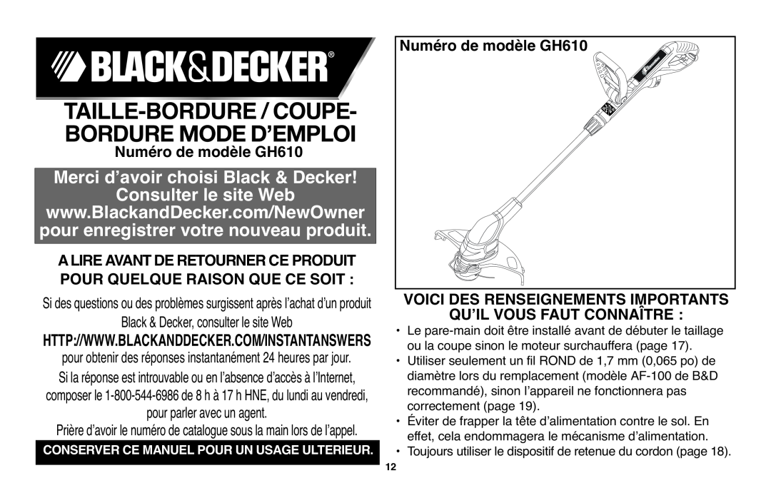 Black & Decker instruction manual Consulter le site Web, Numéro de modèle GH610, Black & Decker, consulter le site Web 