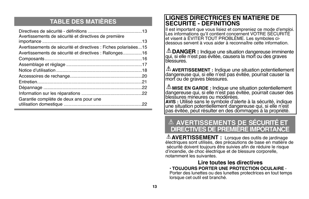 Black & Decker GH610 instruction manual Avertissements De Sécuritéet Directives Depremièreimportance, Table Des Matières 