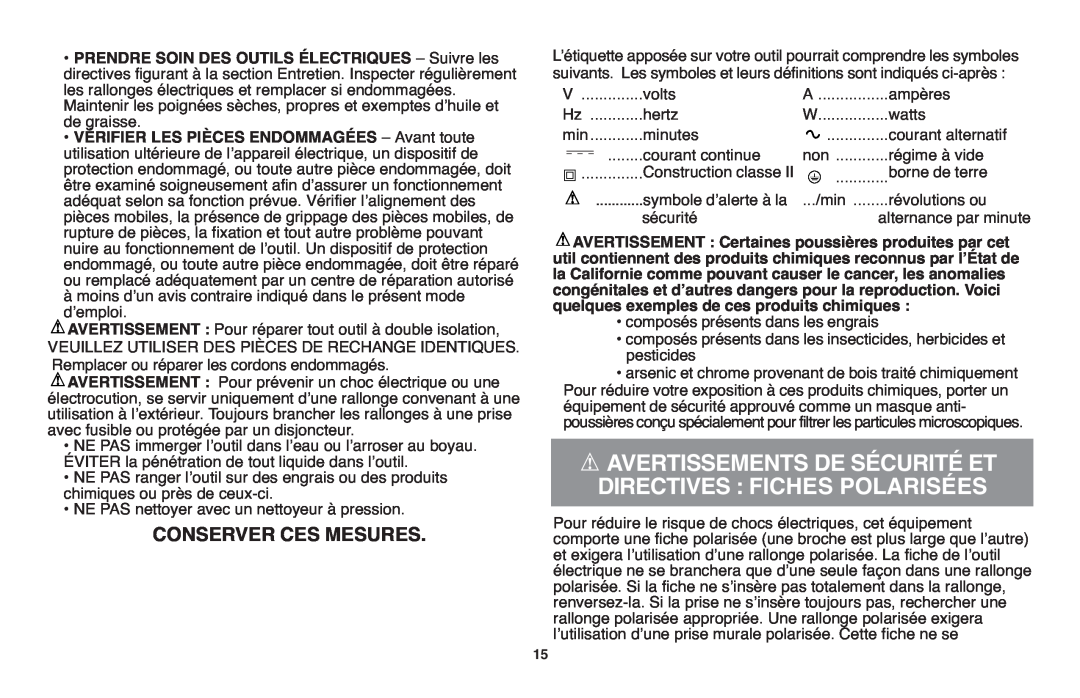 Black & Decker GH610 instruction manual Avertissements De Sécurité Et Directives Fiches Polarisées, Conserver Ces Mesures 