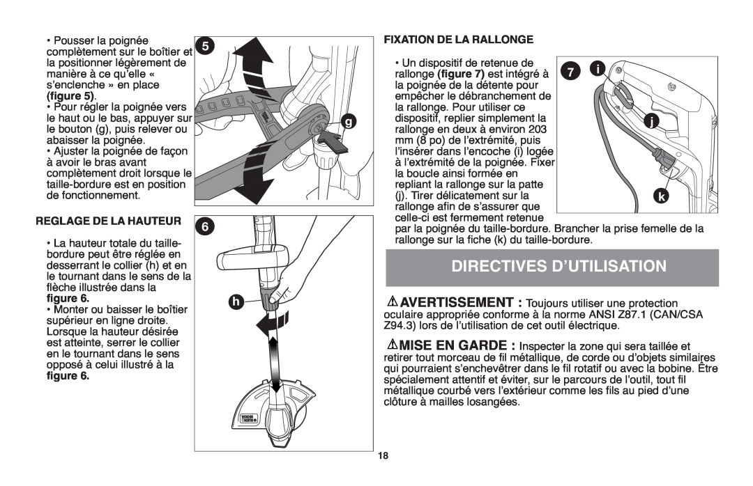 Black & Decker GH610 instruction manual Directives Dʼutilisation, Reglage De La Hauteur, Fixation De La Rallonge 