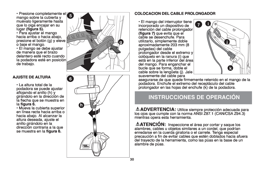 Black & Decker GH610 instruction manual Instrucciones De Operación, Ajuste De Altura, Colocacion Del Cable Prolongador 