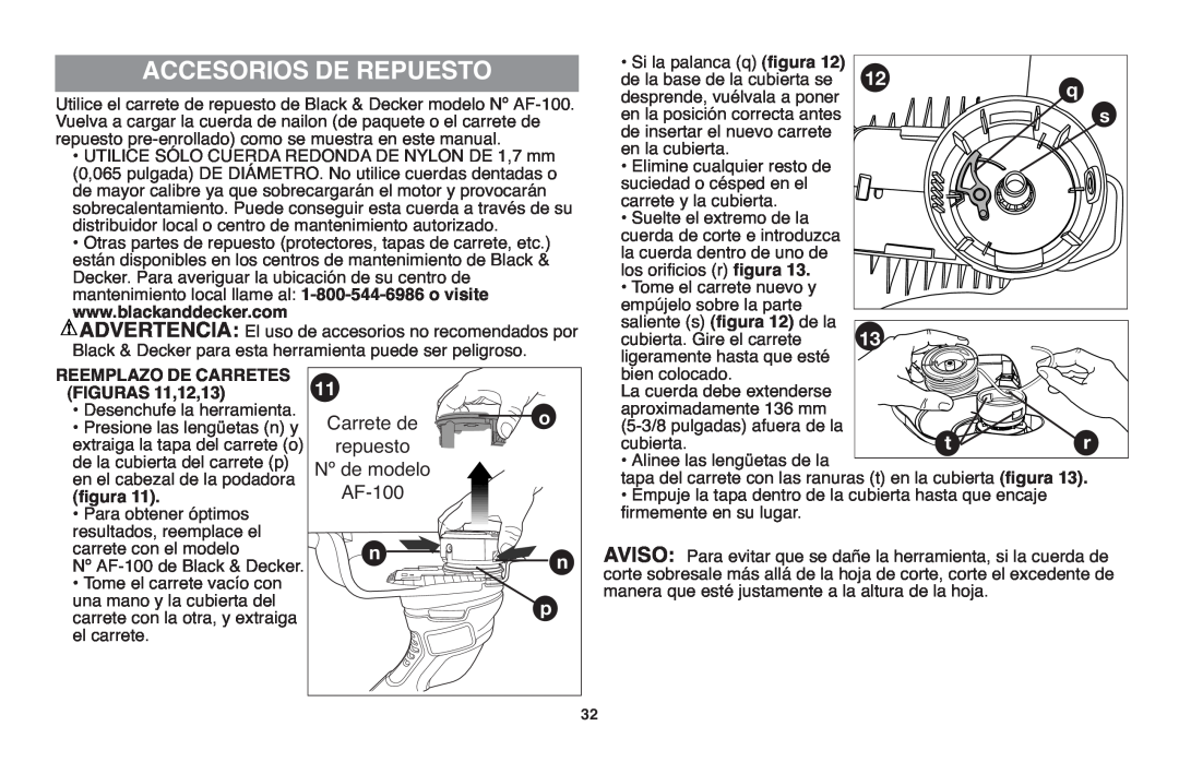 Black & Decker GH610 instruction manual Accesorios De Repuesto, Reemplazo De Carretes, FIGURAS 11,12,13, figura 